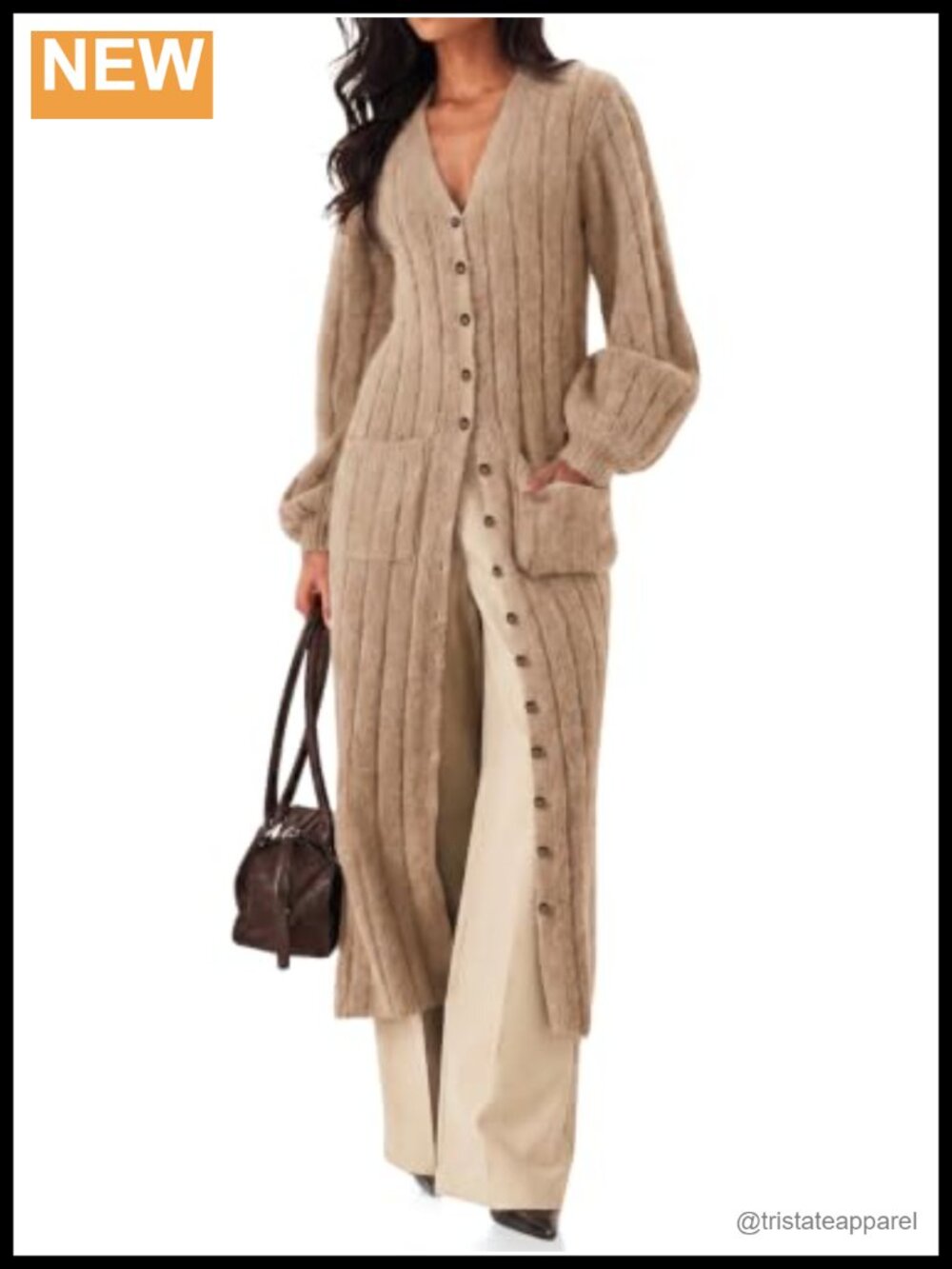 Women's V Neck Puff Sleeve Long Cardigan Sweater Duster Coat